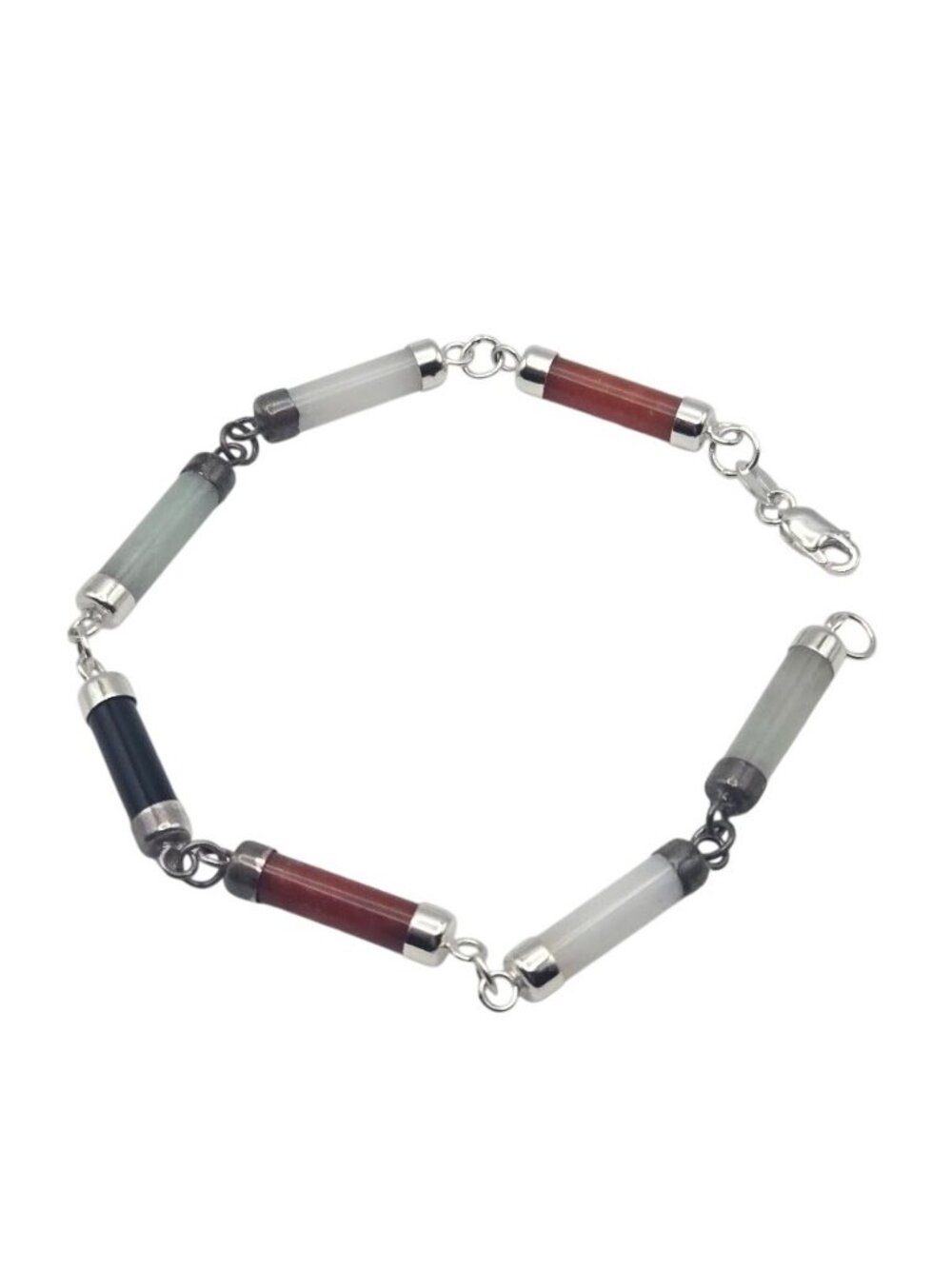 Vintage Semi Precious Gemstone Barrel Link Sterling Silver Bracelet 7.5" Jade On